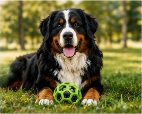 Elvis the Bernese Mountain Dog lying in a sunny park
