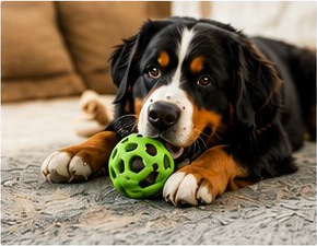Elvis the Bernese chewing a green ball indoors