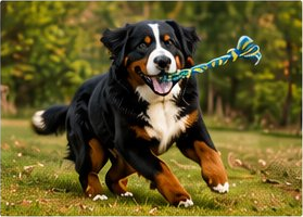 Bernese Mountain Dog playing fetch with a rope tug