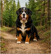 Bernese Mountain Dog on a forest trail