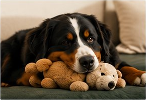 Bernese Mountain Dog cuddling a plush toy